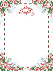 Blank greeting letter Merry Christmas and Happy New Year decorated with winter plants and snowflakes. Vector illustration