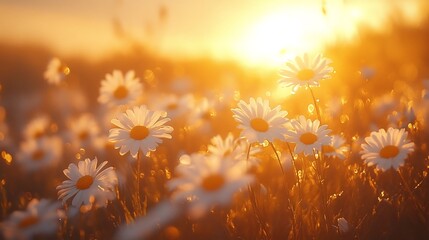 Breathtaking landscape filled with white daisy blooms swaying gently in a grassy meadow bathed in the warm golden glow of sunset the blurred background enhancing the tranquil atmosphere