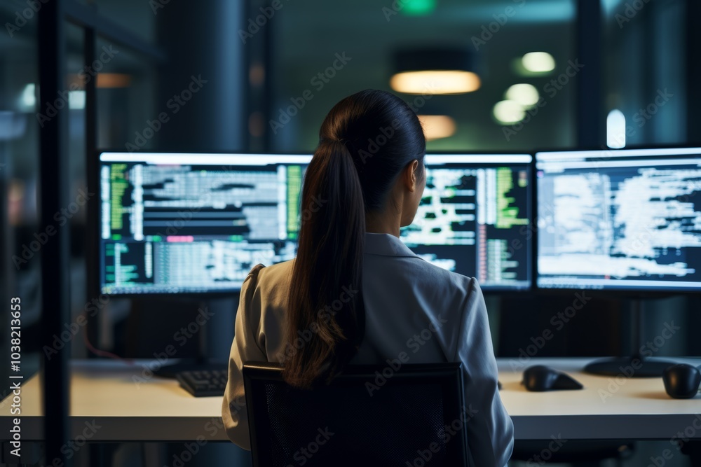 Poster a female telecommunications manager analyzes data from multiple monitors in a modern office setting 