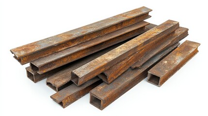 Steel Channel Pile. Grooved Metal Profiles Rolled in Heap Isolated on White Background
