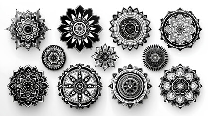 Black and White Mandala Design Set  Ornamental Flowers  Geometric Patterns  Floral Motifs  Boho Style  Mandala Art  Digital Art  Vector Illustration