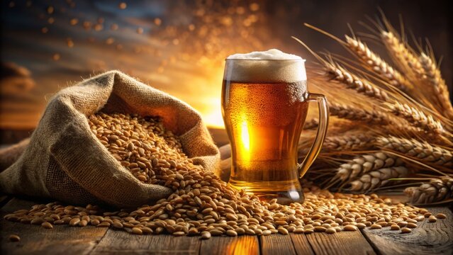 Captivating Double Exposure of Malt Grains and a Pint of Beer, Perfect for Craft Beer Enthusiasts and Brewing Art Lovers