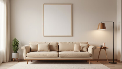 Minimalist beige sofa with blank frame in modern living room