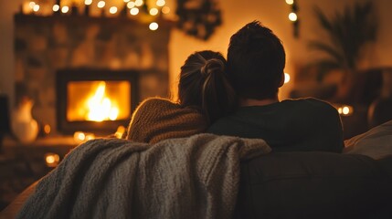 A loving couple sitting close together on a sofa, embracing each other while enjoying the warmth of the fire.