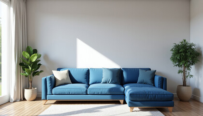 Bright modern living room with blue sofa and green plants