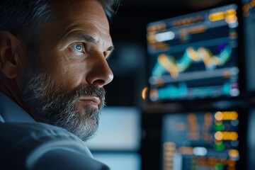 Close-up portrait of a thoughtful stock analyst engaged in deep analysis during late-night market hours