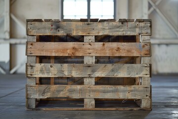 Large empty wooden crate is sitting on a warehouse floor