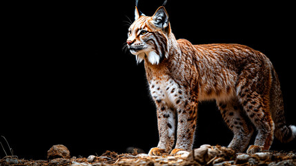 Obraz premium A lynx stands on a dark background, looking alert with its ears perked up and its fur a rich brown and black.