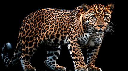 Obraz premium A majestic leopard with striking black spots on its golden fur stands against a black background.