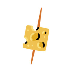 Yellow Cheese Cube Canape on Wooden Stick Toothpick. Cheesy Food Vector Illustration in Hand Drawn Style on White Isolated Background