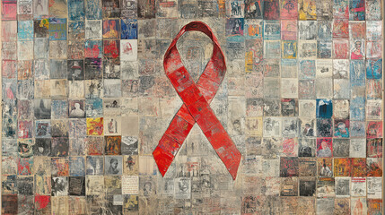 old red ribbon of breast cancer with old newspaper records