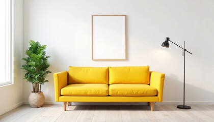 Bright yellow sofa with blank wall frame and potted plant