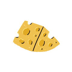 Yellow Cheese with Holes. Cheesy Food Vector Illustration in Hand Drawn Style on White Isolated Background