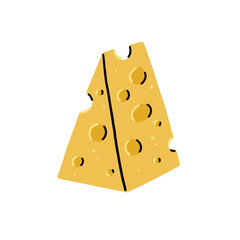 Yellow Triangle Piece of Cheese. Cheesy Food Vector Illustration in Hand Drawn Style on White Isolated Background