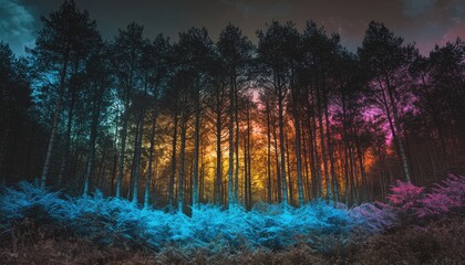 Naklejka premium A vibrant forest scene at dusk, illuminated with colorful lights, showcasing the beauty of nature and enhancing its mystical atmosphere.
