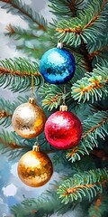 Fototapeta premium Colorful Christmas decorations adorn branches of a spruce tree, vibrant balls in shades of red, blue, golden and pink, embodying holiday cheer in winter. Happy New Year art background. Generative AI