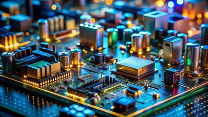 Obraz premium Close-Up Exploration of Computer Components in Tilt-Shift Style Showcasing Technology's Aesthetic Beauty with AI Generated Art