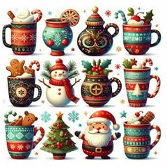 Fototapeta premium Set of festive Christmas mugs, each adorned with holiday patterns, isolated on a crisp white background for a clean, minimalist presentation