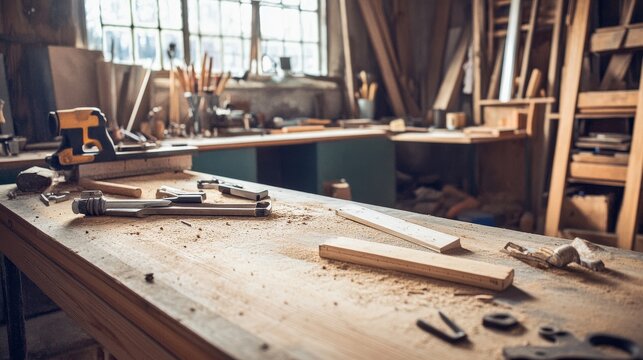 A cozy home workshop with DIY tools and unfinished projects, Tools and materials scattered on a workbench, DIY enthusiast style