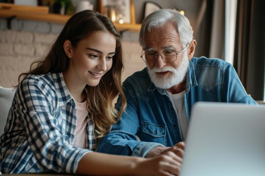 Grown-up daughter and her elderly father shop online together for household goods in a cozy living room