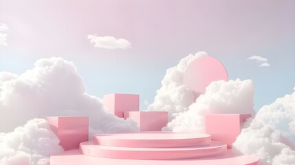Background podium pink 3d product sky platform display cloud pastel scene render stand. Pink podium stage minimal abstract background beauty Studio pedestal smoke showcase i