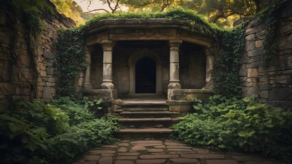 Naklejka premium Exploring an Ancient Stone Structure Enveloped by Greenery in a Serene, Secluded Landscape