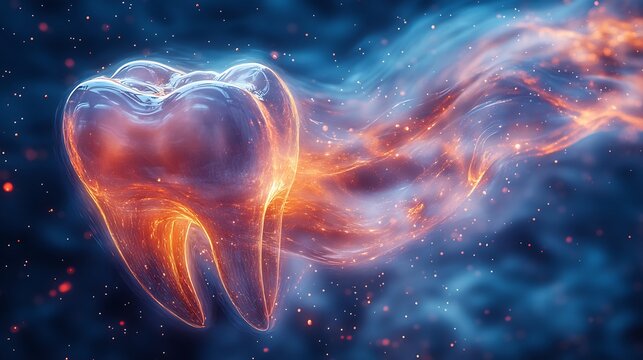 Captivating art piece displaying a transparent tooth with roots against a swirling abstract blue background symbolizing the strength and beauty of oral health while inviting a sense of tranquility