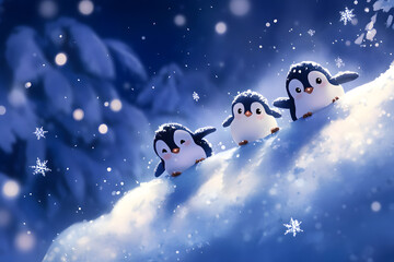 Naklejka premium A whimsical illustration of penguins sliding down an icy hill, with snowflakes falling around