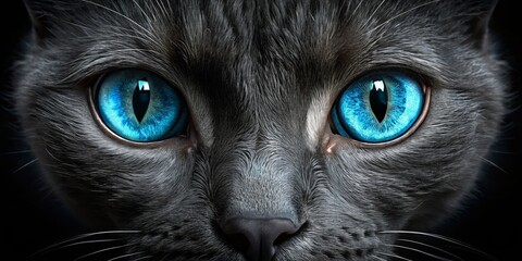 Close-Up of Striking Blue Cat Eyes Gazing Intensely at the Camera on Dark Background, Perfect for Halloween Themes and Urban Exploration Photography