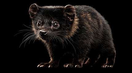 Fototapeta premium A small, black and brown civet with white markings around its eyes, standing on a black background.