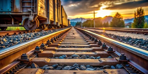 Close-Up Portrait of Railroad Tracks with Freight Trains in Soft Focus, Capturing the Beauty of Transport Infrastructure and Train Journey Experience
