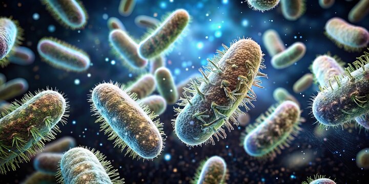 Close-up Product Photography of Escherichia coli Bacteria Under Microscope with Blurred Particles, Black Background, 3D Rendering for Scientific and Educational Use
