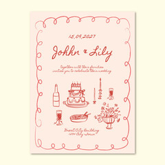 Hand drawn whimsical minimalist wedding invitation 