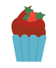 Christmas cupcake with mistletoe. Vector Flat Illustration.