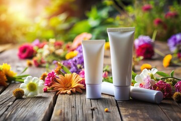 Close Up White Cosmetic Tubes on Vintage Wooden Table with Blurry Floral Background, Natural Beauty Products, Organic Skincare, Aesthetic Photography, Double Exposure