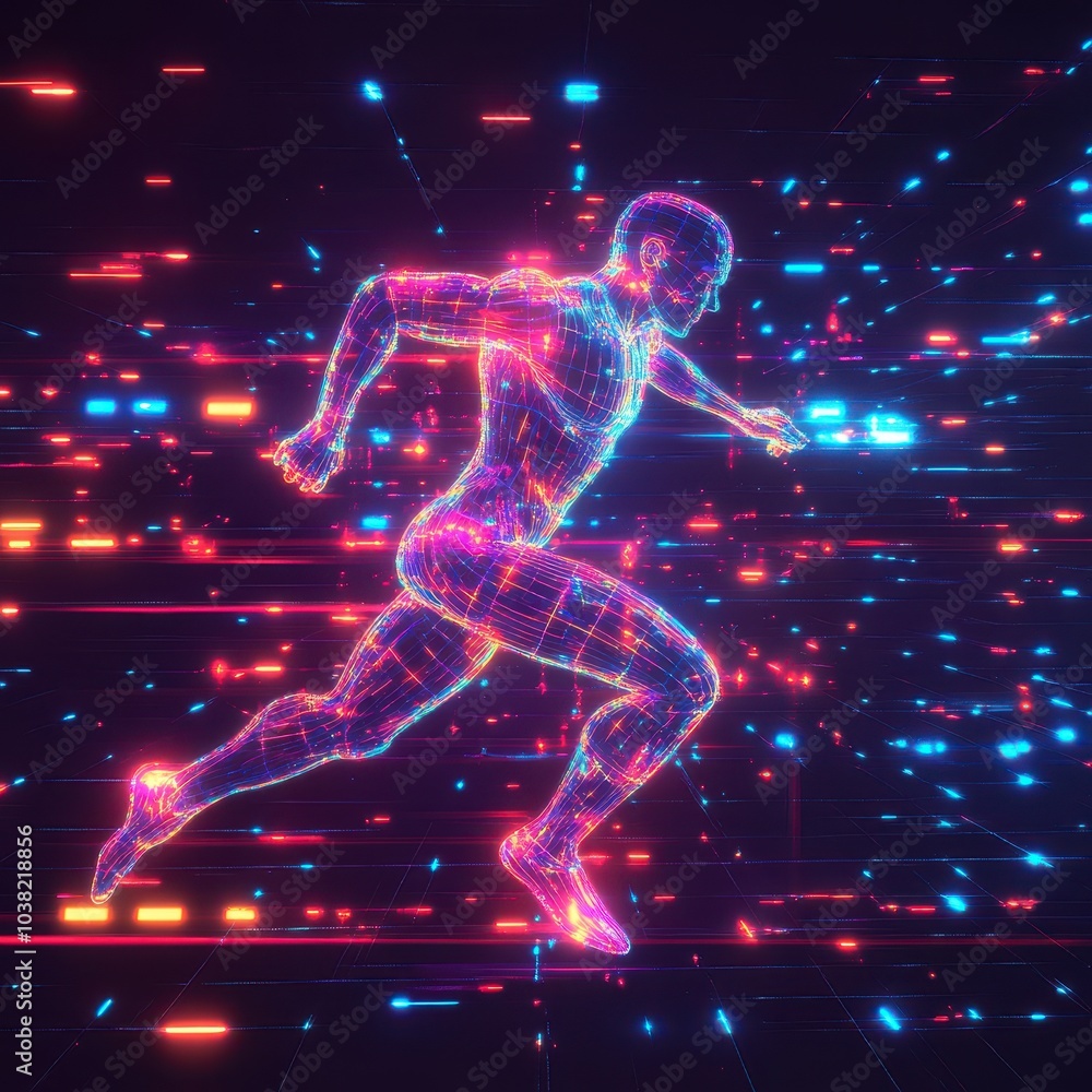 Poster stylized 3d human figure running through 2d digital grid with glowing elements and vibrant motion. i