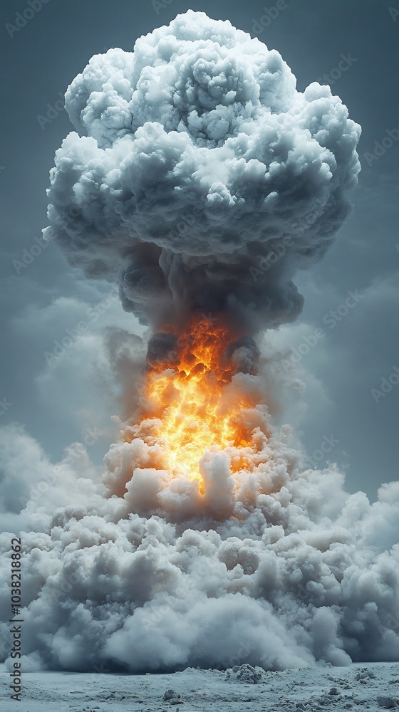 Poster captivating nuclear explosion cloud isolated on a white background displaying the chaotic beauty of 
