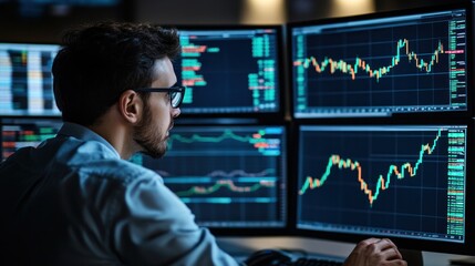 Broker looking at market trends on graphs via computer, studying detailed charts to predict stock price movements. The broker uses this analysis to plan trades and optimize portfolio performance
