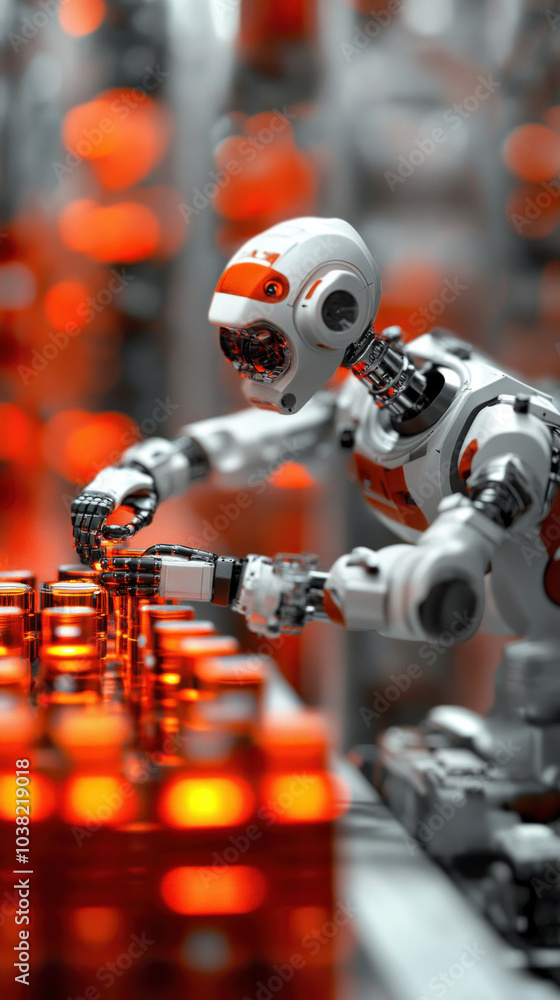 Poster a robot is working in a factory, surrounded by many orange bottles. the robot is focused on its task