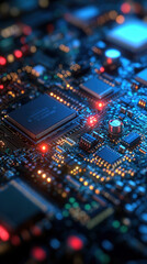 Obraz premium A close up of a computer chip with many small lights on it. The lights are red and blue