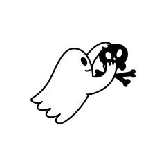 Halloween doodle ghost. Cute poltergeist with skull. Vector outline illustration. For coloring book.