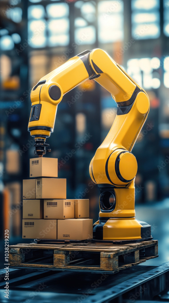 Poster a yellow robot is working on a stack of boxes. the robot is in a factory setting, surrounded by pall