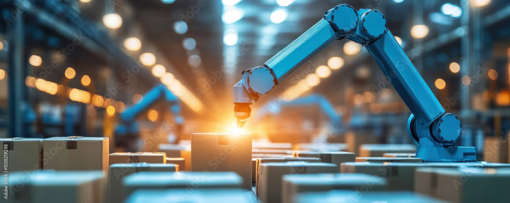 Poster a robot is working in a warehouse, picking up boxes and placing them on a conveyor belt