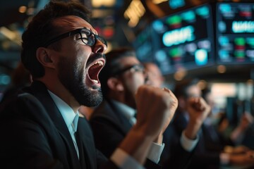 Intense moment of professional traders reacting during a high-stakes trading session in a bustling financial district