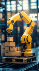 Fototapeta premium A yellow robot is working on a stack of boxes. The robot is in a factory setting, surrounded by pallets and boxes. The robot appears to be a machine that is designed to help with the packaging