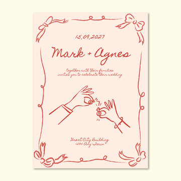 Hand drawn whimsical minimalist wedding invitation 