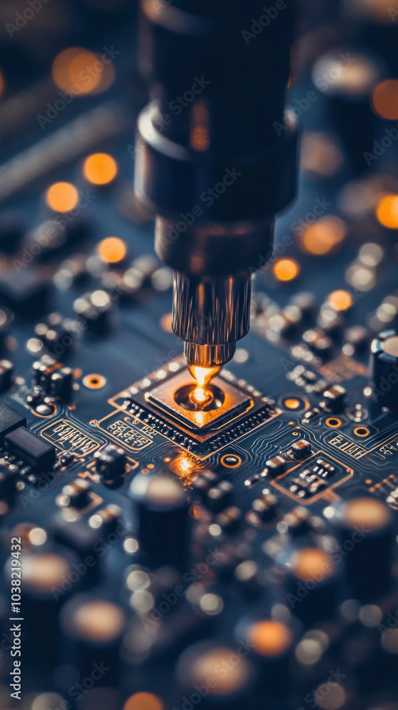 Poster a close up of a circuit board with a small light on it. concept of precision and technical expertise
