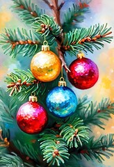 Obraz premium Colorful Christmas decorations adorn branches of a spruce tree, vibrant balls in shades of red, blue, golden and pink, embodying holiday cheer in winter. Happy New Year art background. Generative AI