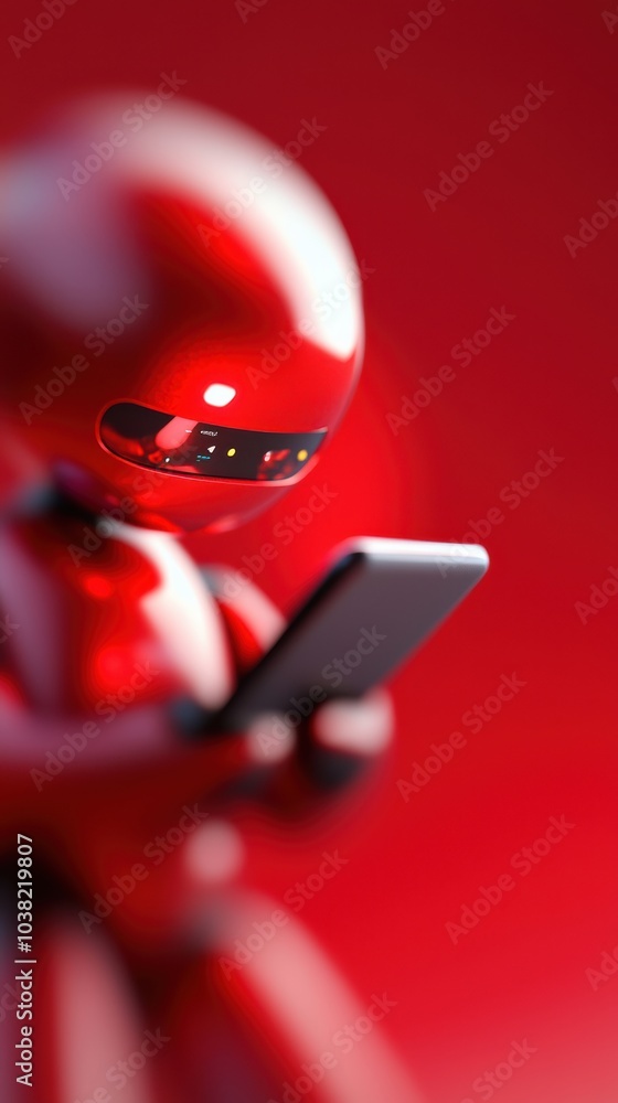 Poster futuristic red robot engaged in mobile technology interaction in a vibrant background