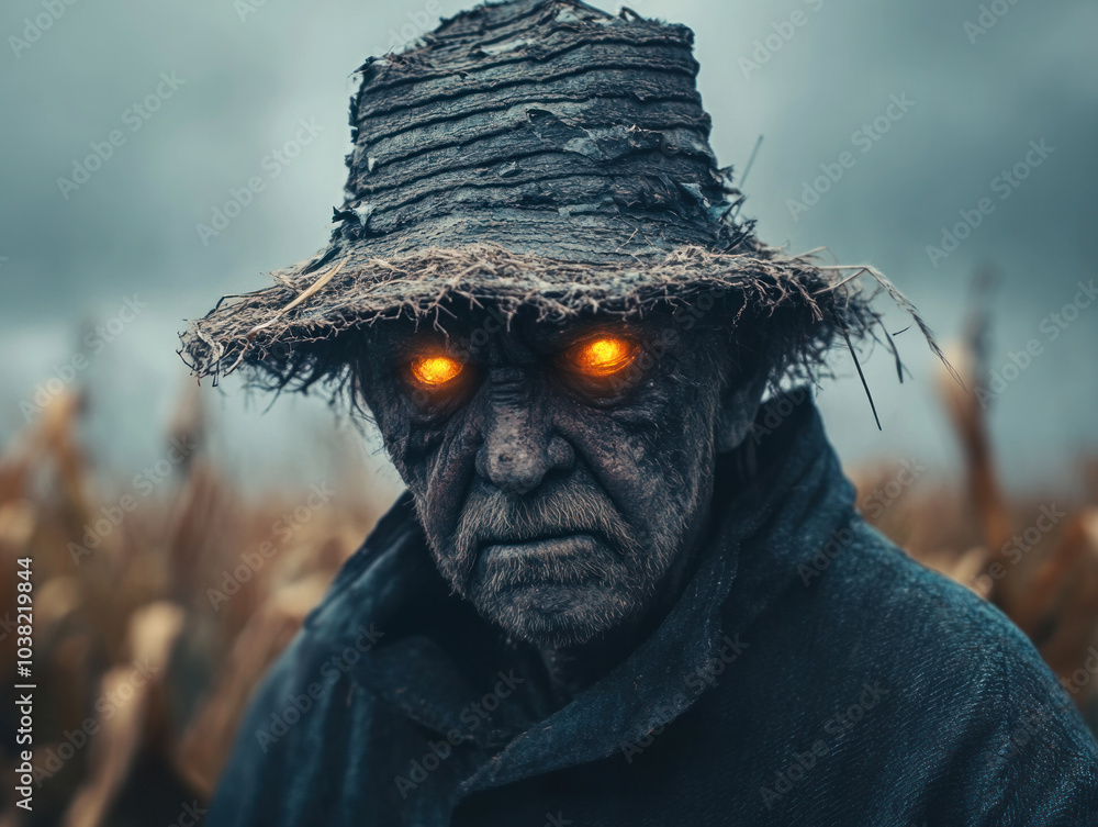 Aufkleber a man with a hat and a beard is standing in a field of corn. he has glowing eyes and a creepy expres